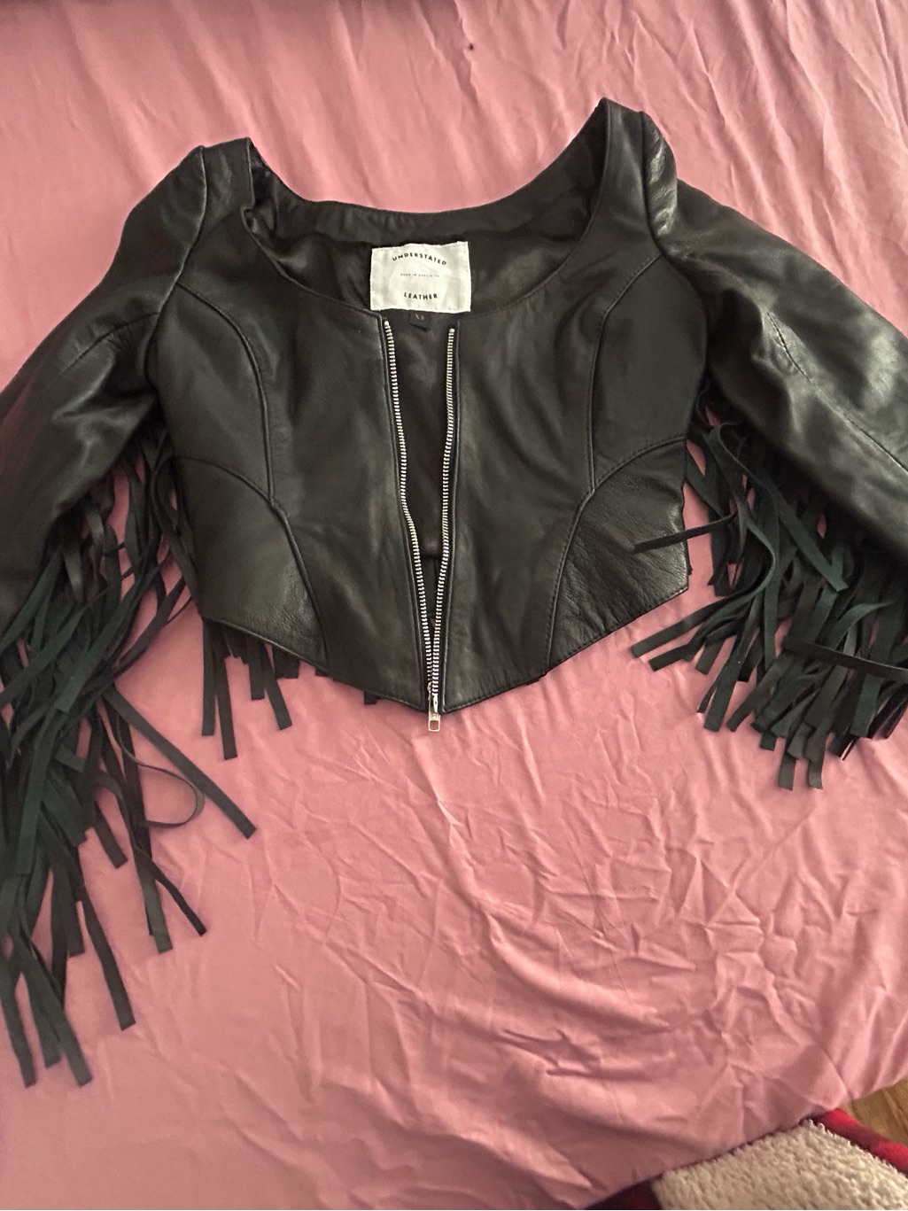 Free People Black Cropped Leather Fringe Jacket